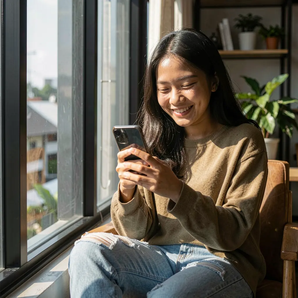 Smiling Indonesian woman sitting by a window and enjoying the 888FW casino app on her smartphone with sunlight highlighting her relaxed mood