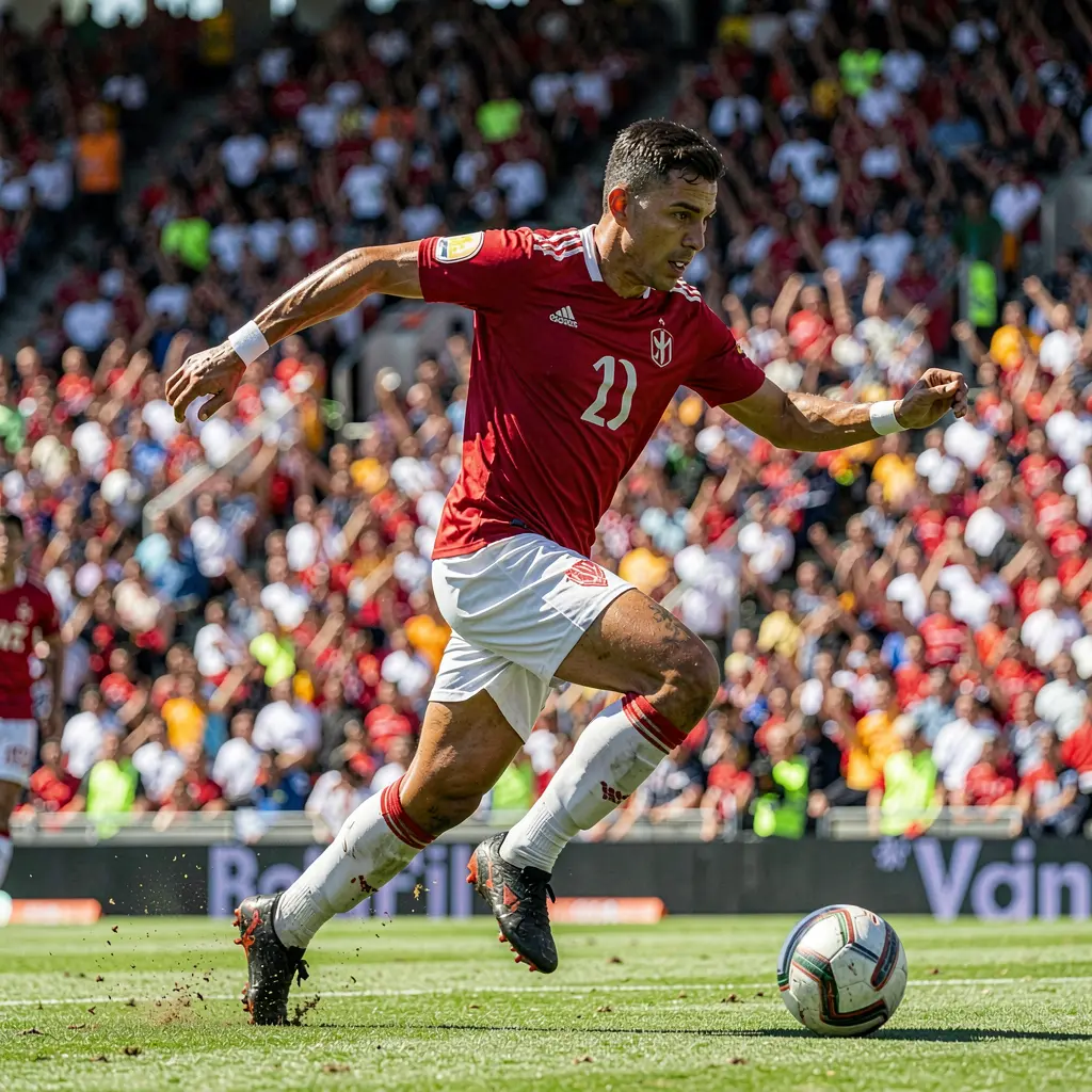 Dynamic soccer action with a focused player controlling the ball in a packed stadium capturing the thrill of live matches for 888FW betting in Indonesia