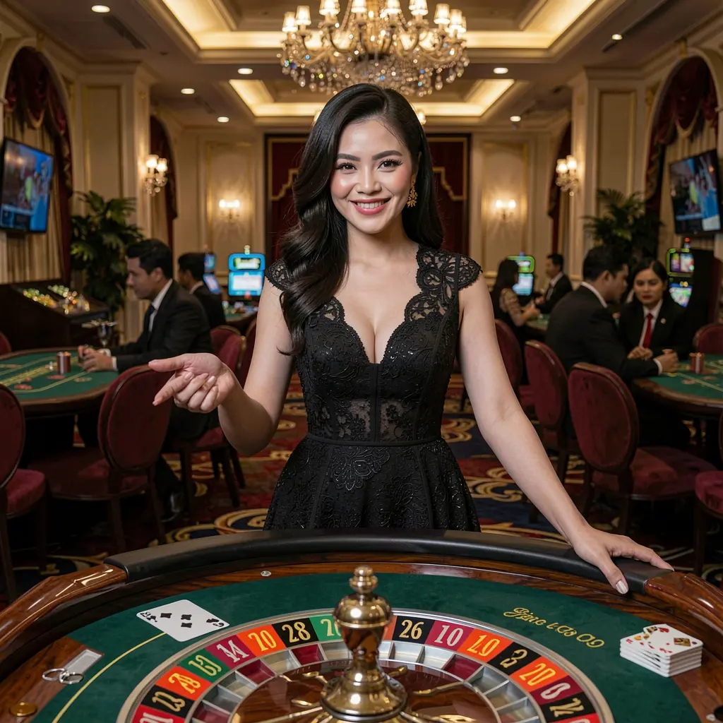 Smiling live casino dealer in a luxurious dress presenting a roulette table in a glamorous studio on 888FW for Indonesian players