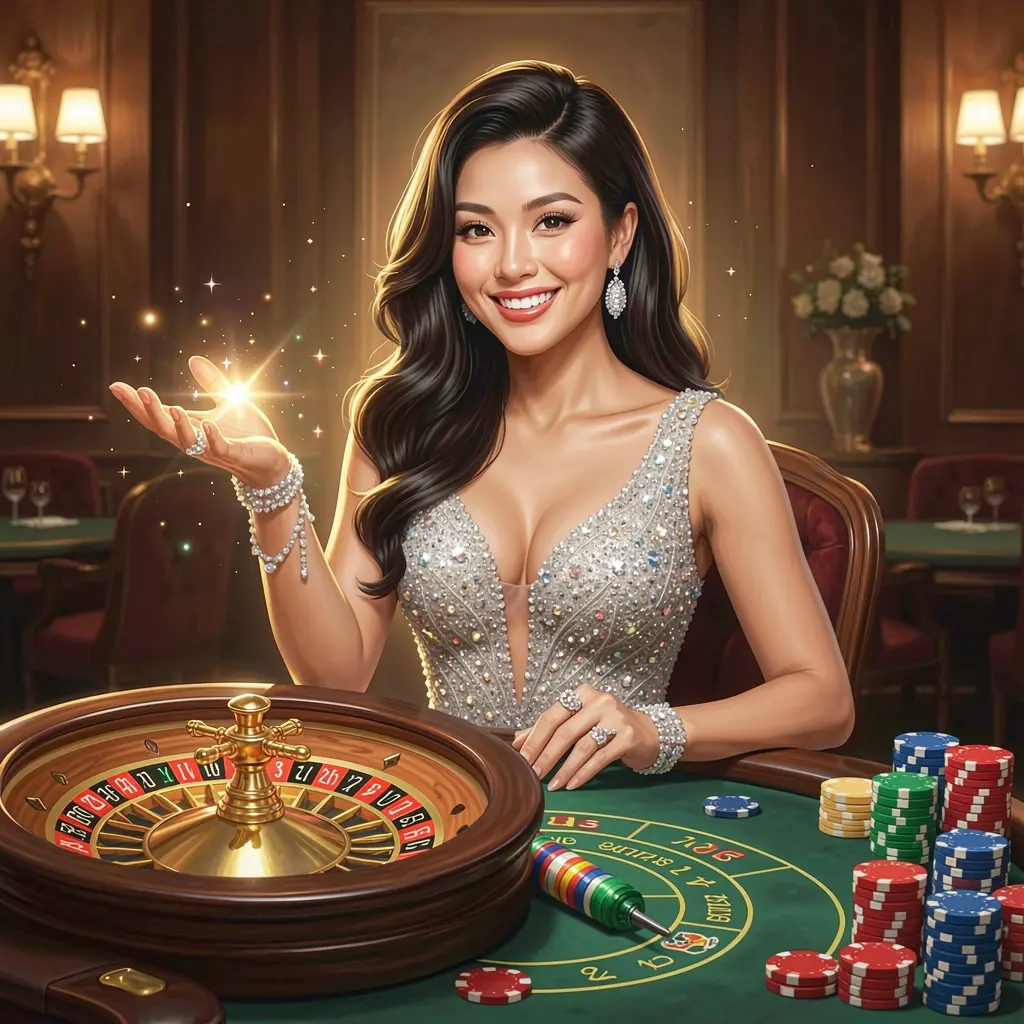 Confident Indonesian casino hostess welcoming players to the 888FW login experience with glowing roulette visuals and premium casino design