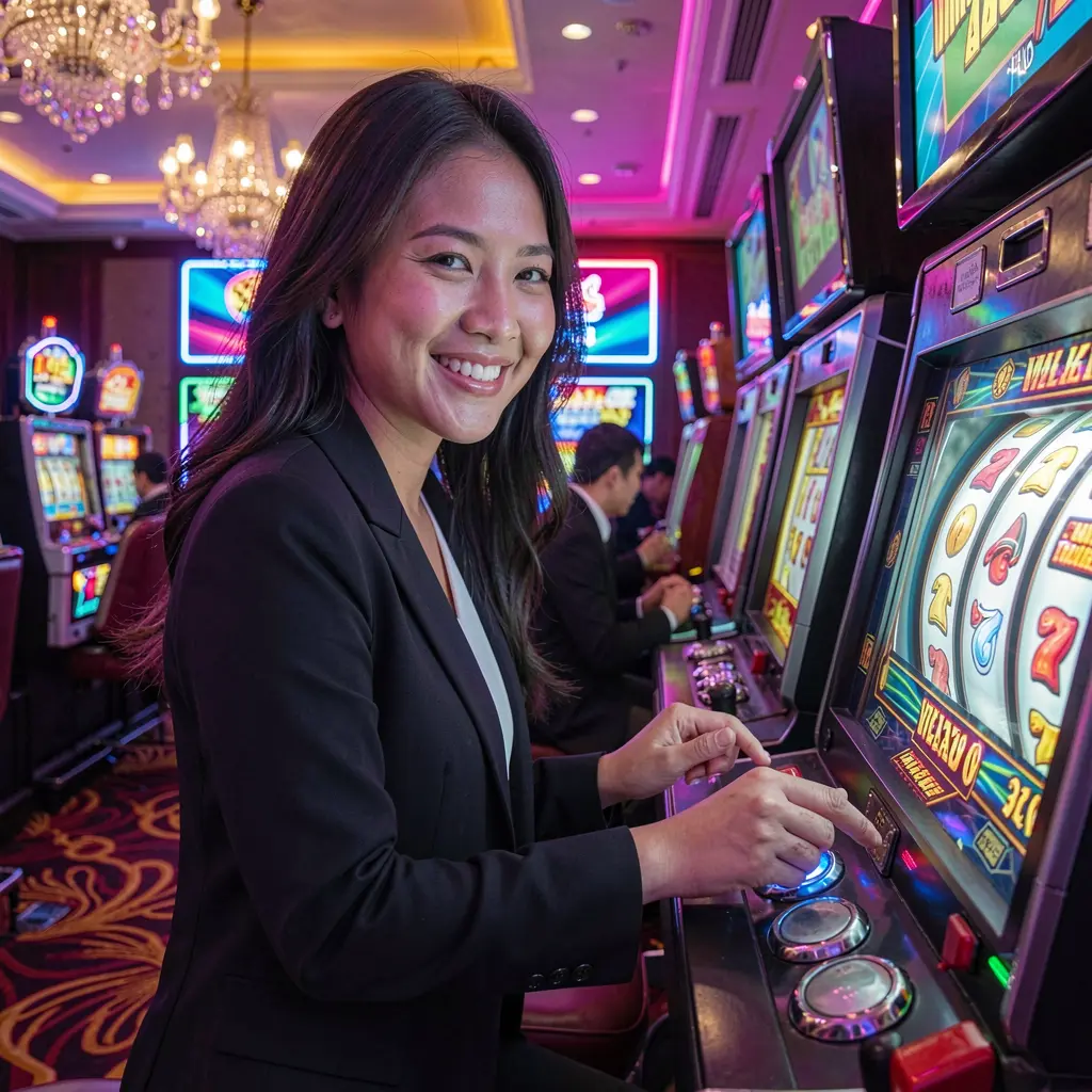 Close up of a smiling Indonesian woman enjoying modern slot machines with bright lights and smooth gameplay at 888FW casino
